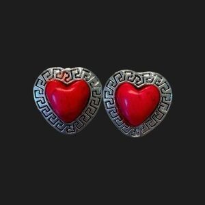 Red Heart Stud Earrings with Greek Key Border | Romantic Valentines